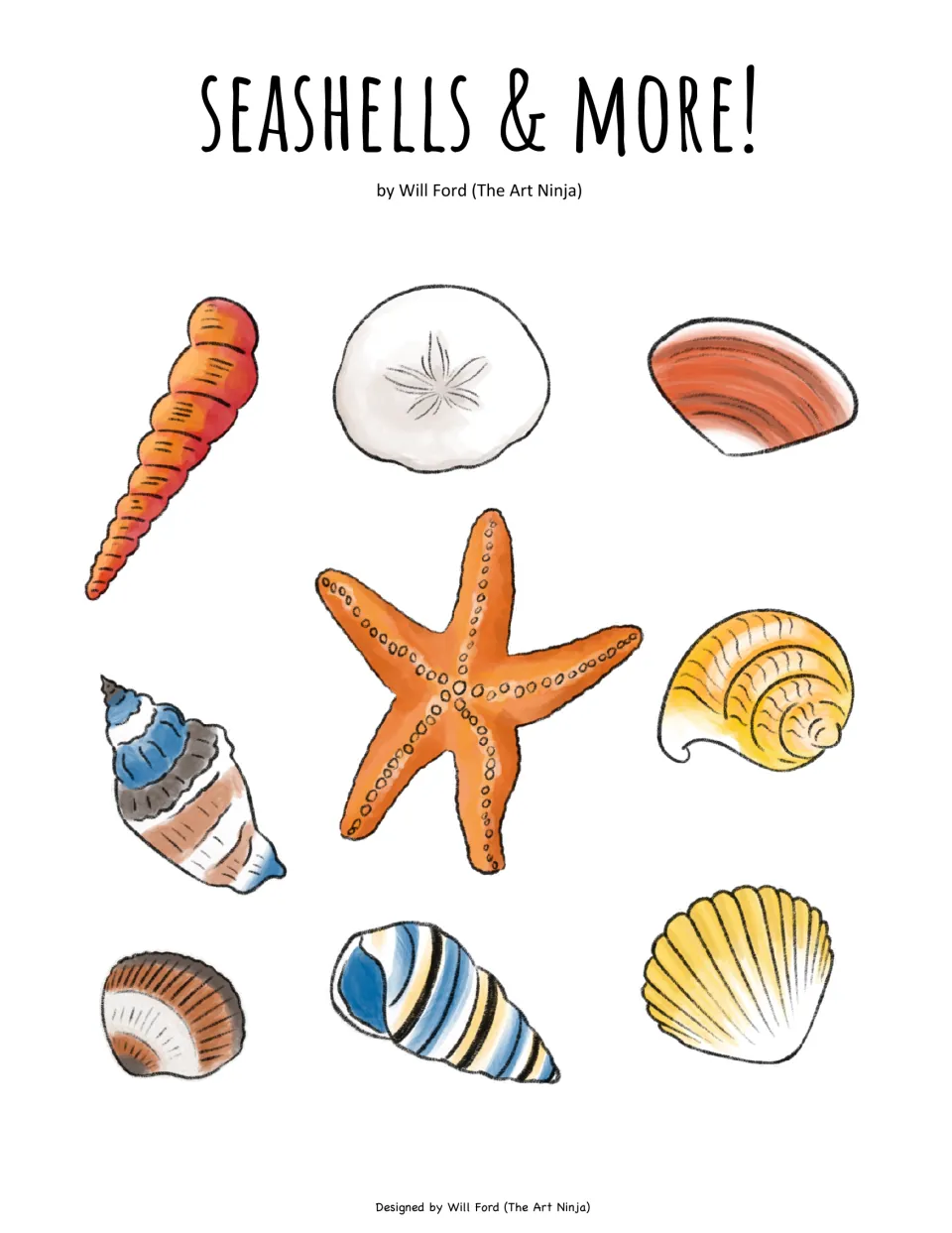 Seashells & More reference sheet for the watercolor project, showing seven shells, a sand dollar, and sea star