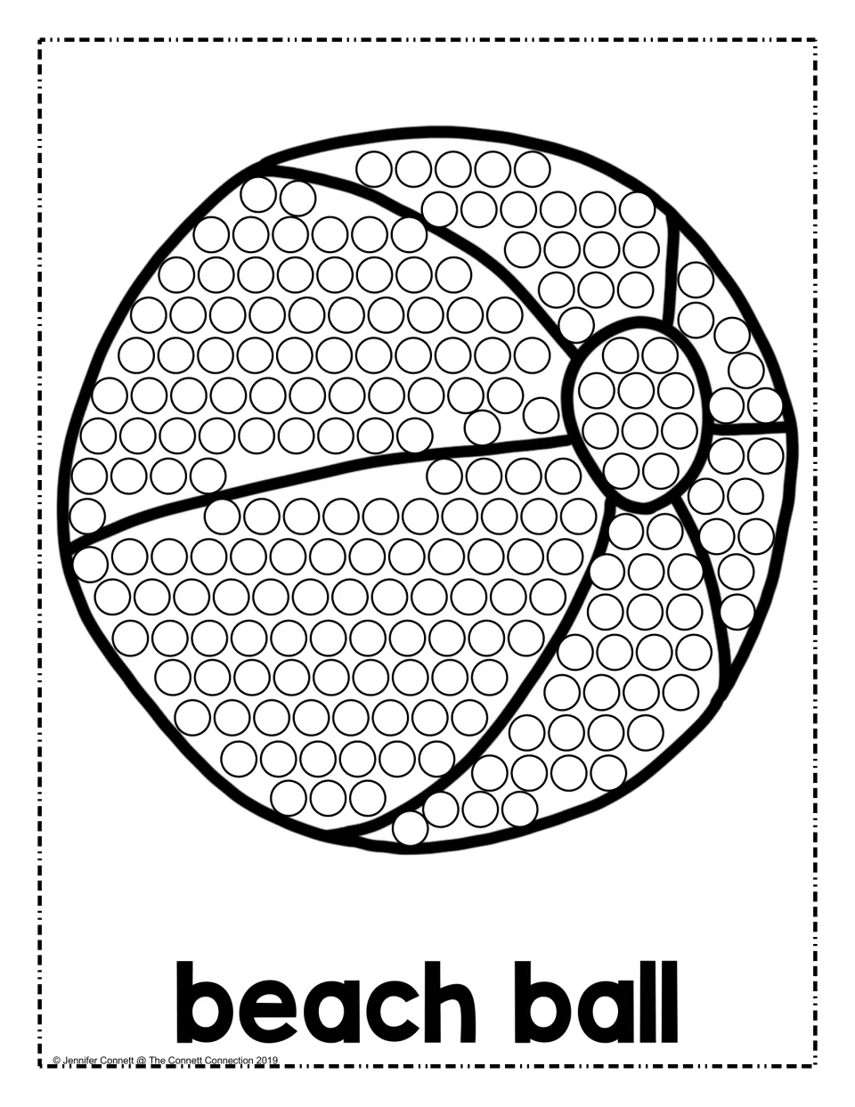 Beach ball dot page: students stamp a dot marker in each circle across the ball's panels, labeled "beach ball"
