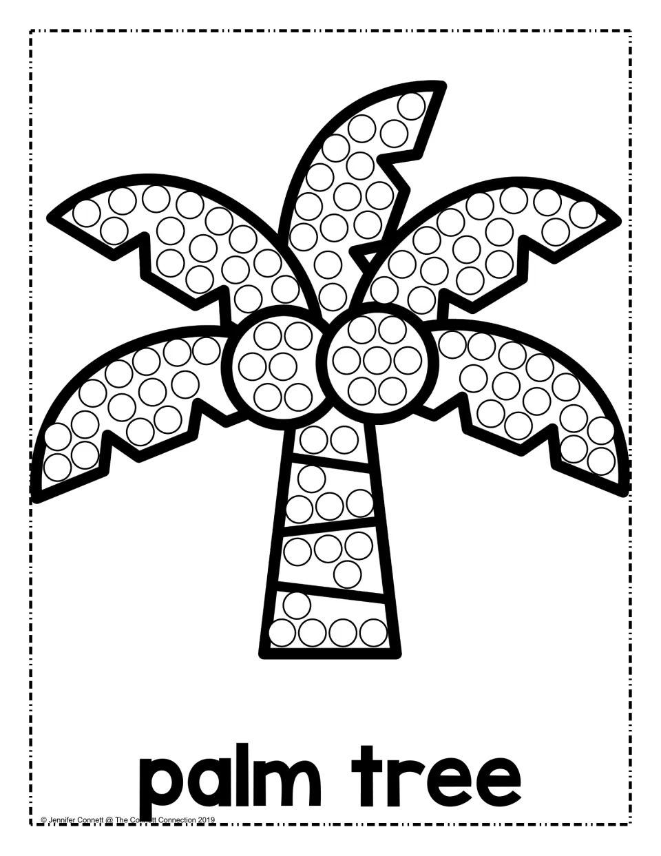 Palm tree dot art: children dab a dot into every circle on the fronds, two coconuts and trunk, with the words "palm tree"