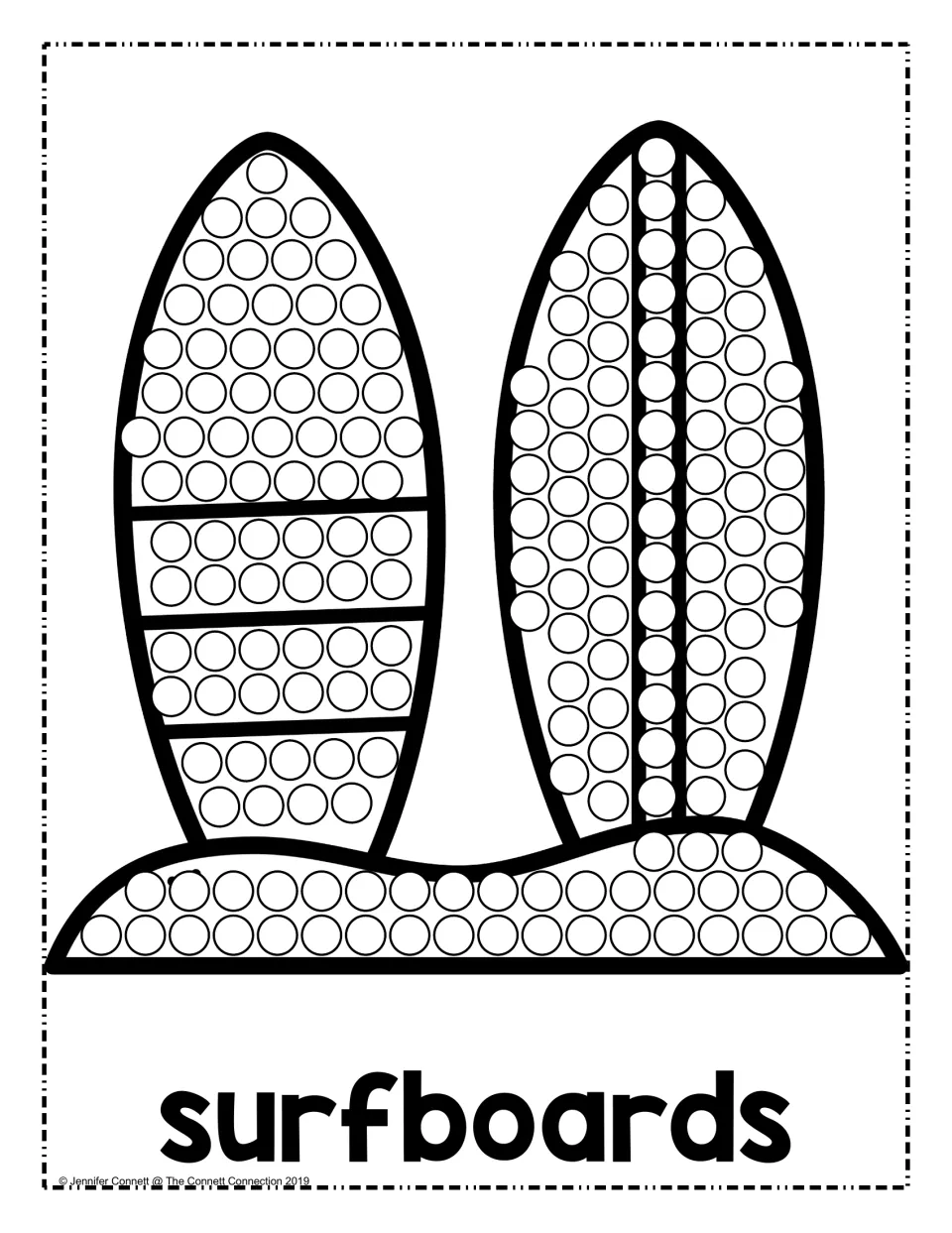 Surfboards dot page: students fill circles on two surfboards standing in sand, practising one dot per circle placement