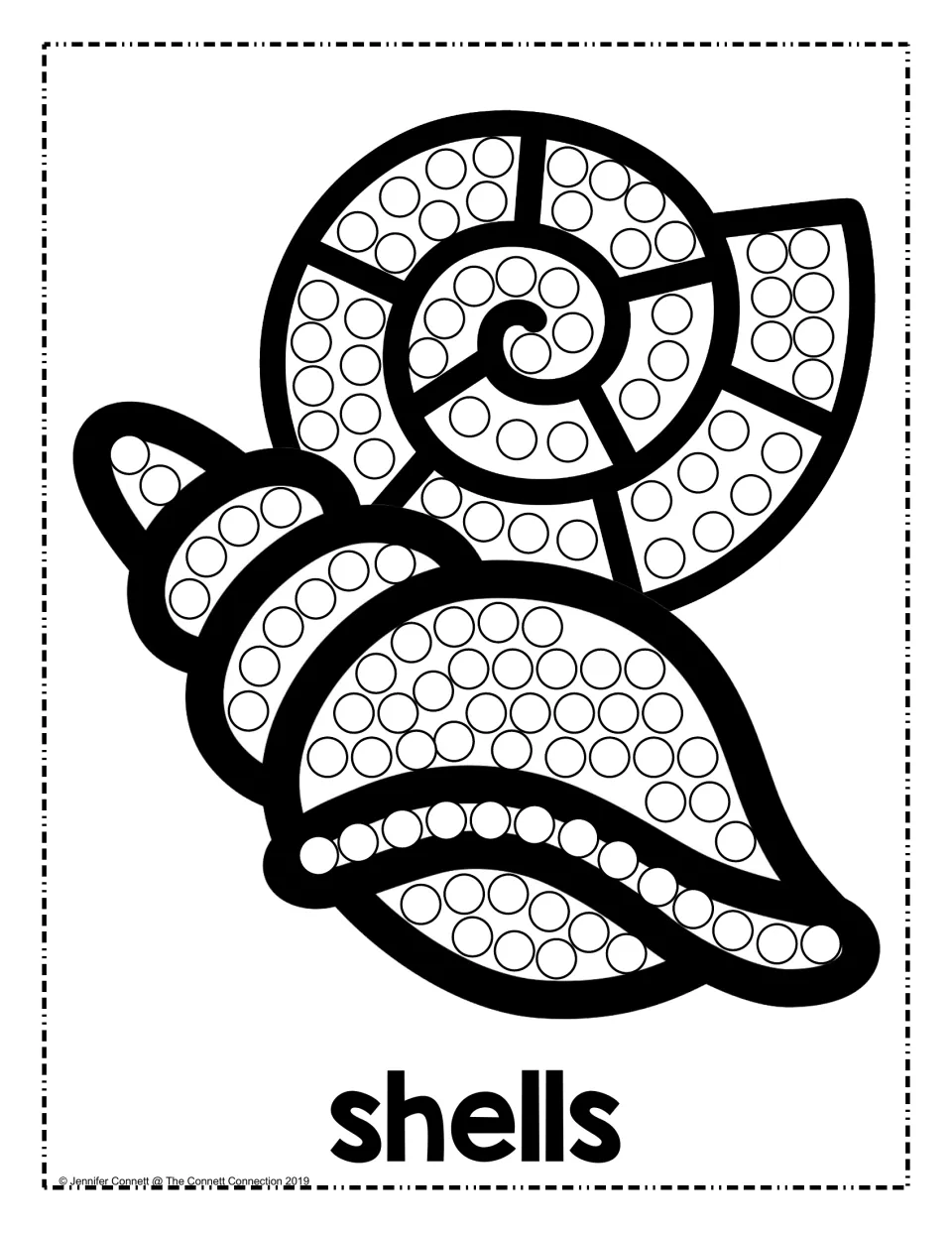 Seashells dot art: children press a dot onto each circle inside a spiral shell and a conch, with the word "shells"
