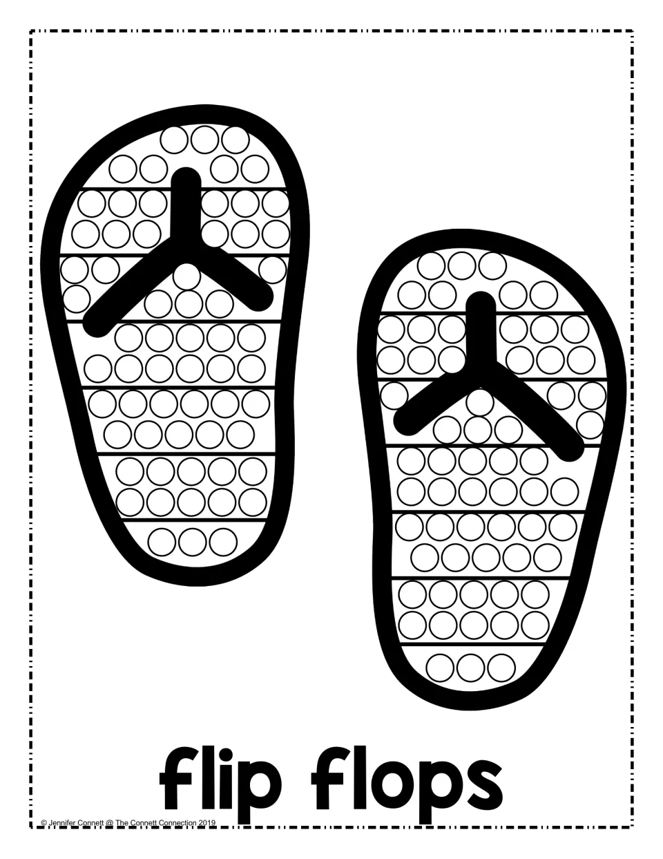 Flip flops dot page: students stamp the circles in rows across a pair of flip-flop sandals labeled "flip flops"