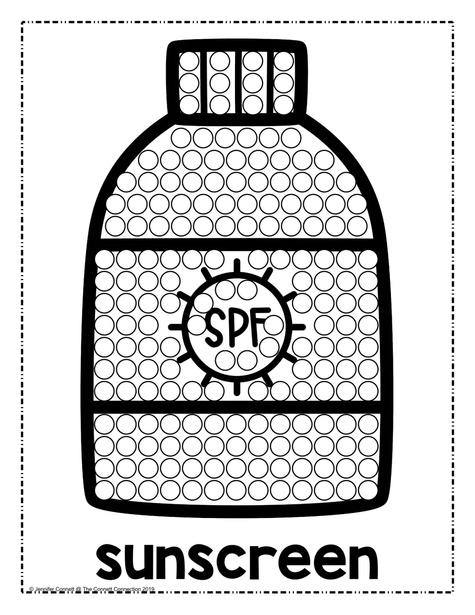 Sunscreen bottle dot art: children dot every circle on a bottle with an SPF sun label, captioned "sunscreen"