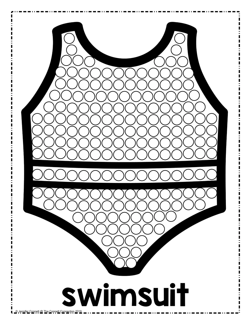 Swimsuit dot page: students fill the rows of circles on a one-piece swimsuit outline, with the word "swimsuit" below