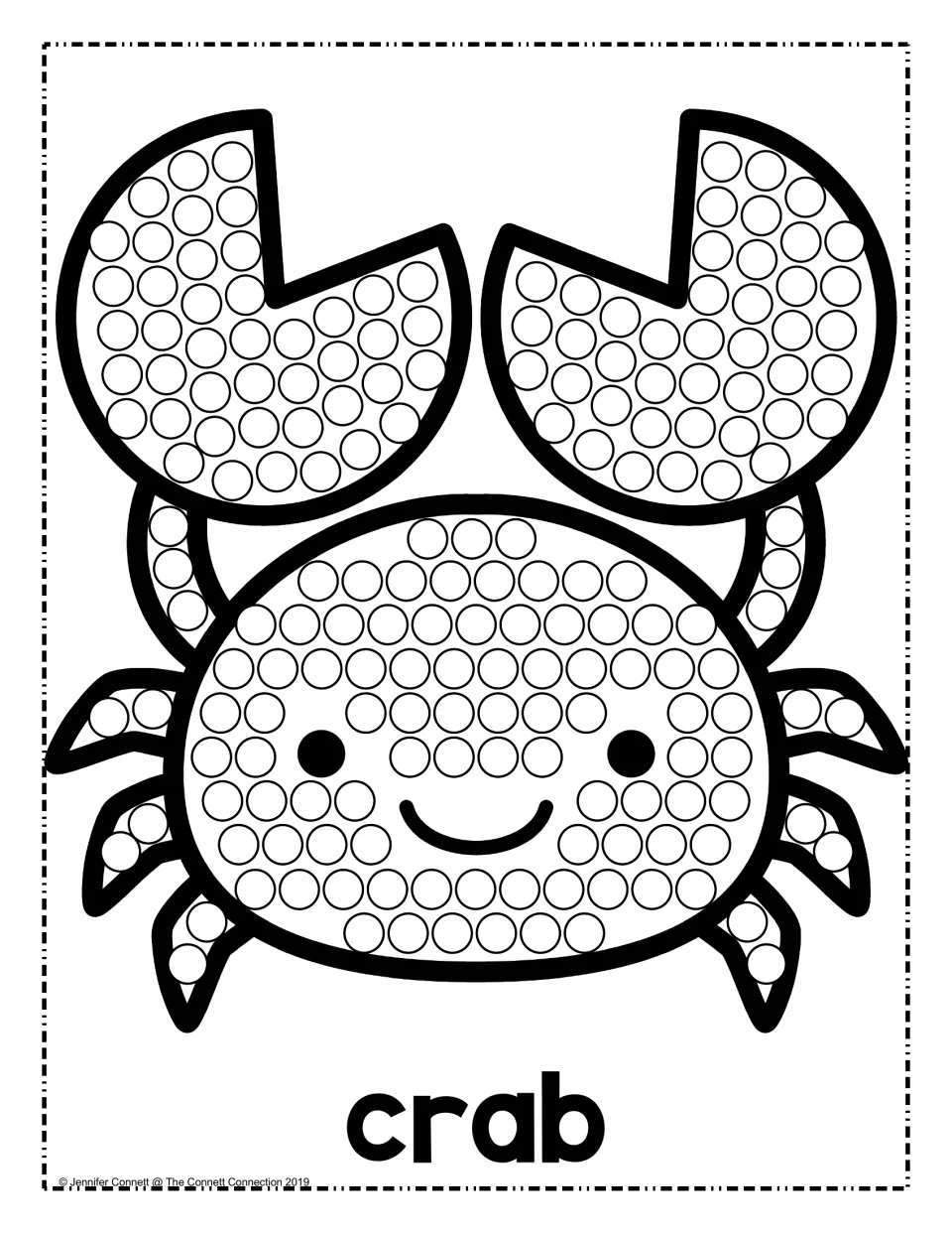 Smiling crab dot art: children dab a dot in each circle on the crab's claws, legs and body, with the label "crab"