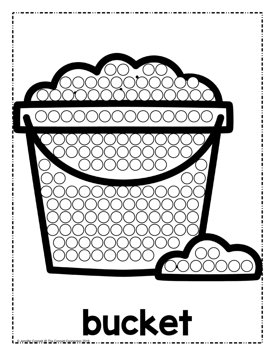 Sand bucket dot page: students stamp circles on a pail heaped with sand and a small sand pile, labeled "bucket"