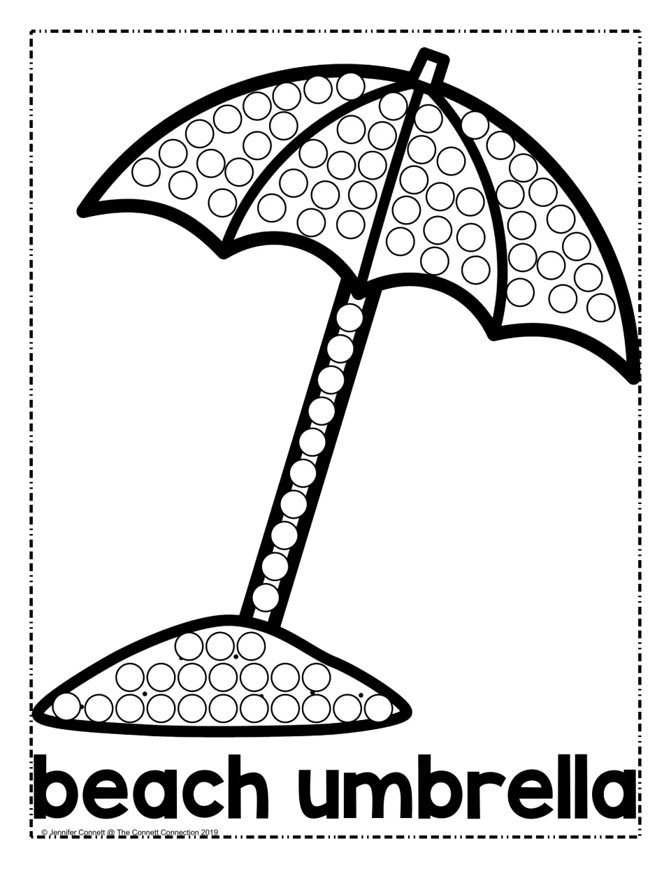 Beach umbrella dot art: children dot the circles on the canopy, pole and sand mound, with the words "beach umbrella"
