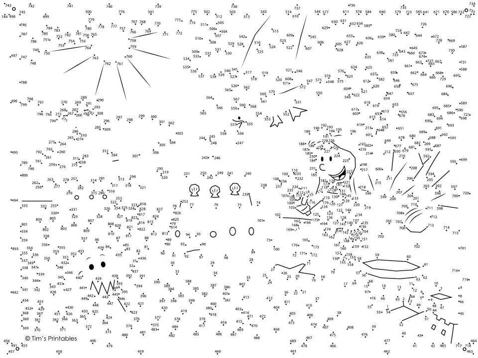 Beach scene dot-to-dot: students connect numbered dots from 1 to 828 to reveal a sun, sailboat, shark and a smiling child