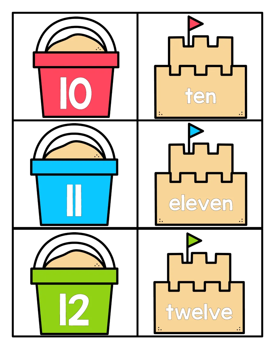 Numbers 10 to 12: students match sand bucket numerals 10, 11 and 12 to sandcastle cards reading ten, eleven and twelve