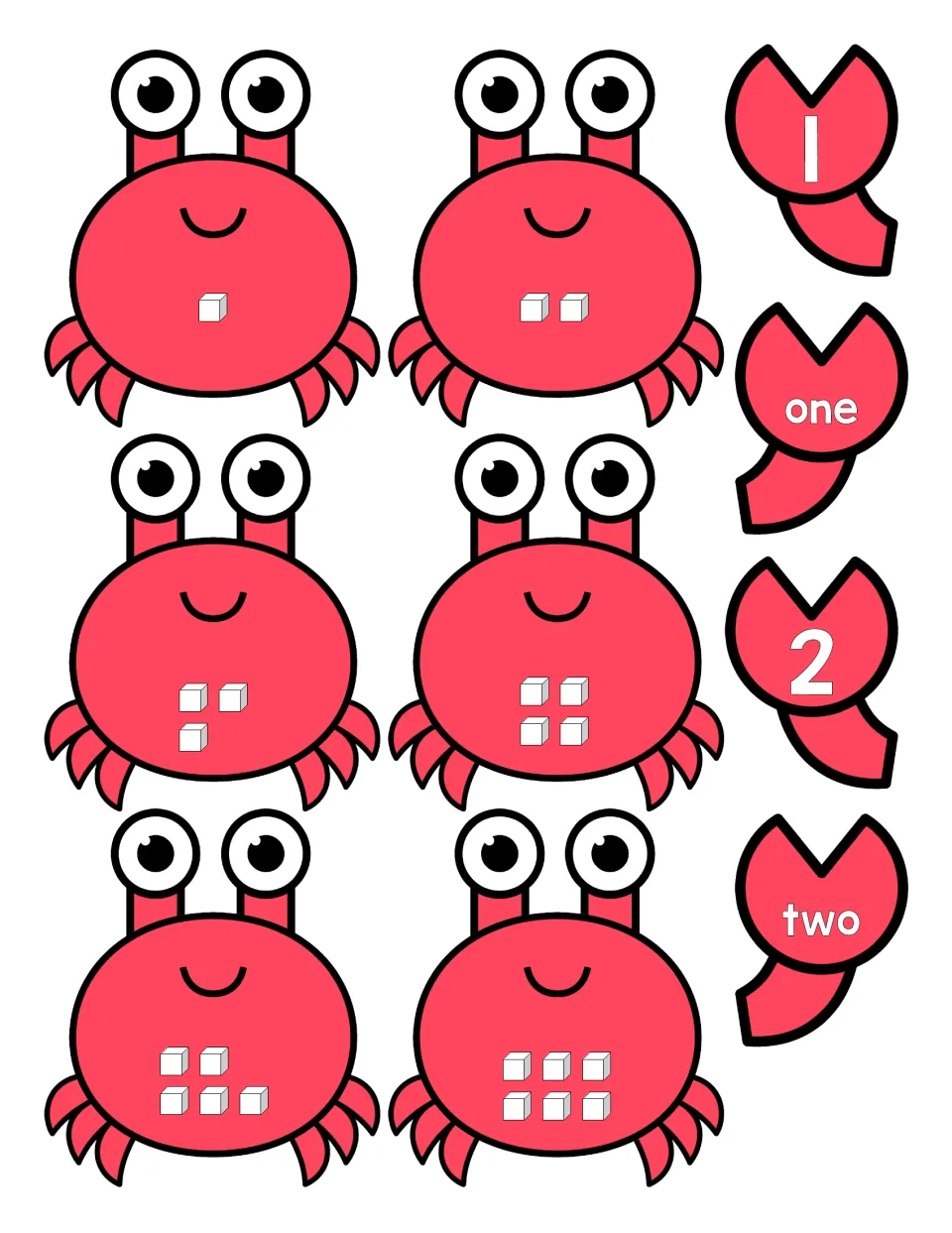 Crab number puzzle: crab bodies show 1 to 6 cubes, with claw cut-outs for numeral 1, one, 2 and two to match by count