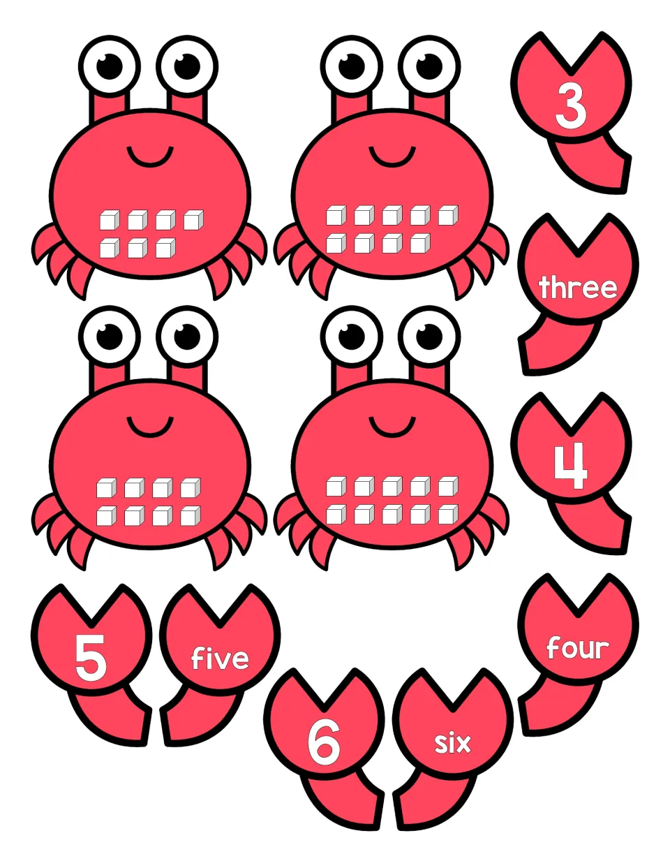 Counting crabs with 7, 8, 9 and 10 cubes, plus claw cut-outs pairing numerals and number words for 3 to 6