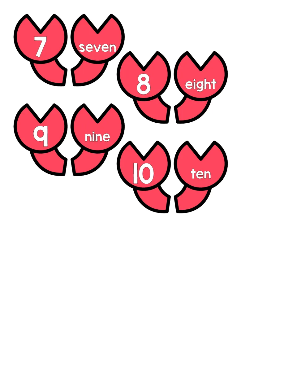 Claw cut-outs for numbers 7 to 10: each numeral claw pairs with its number word claw (seven, eight, nine, ten)