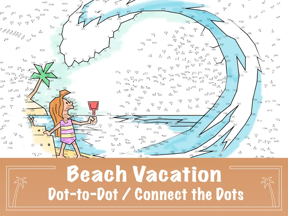 Cover: beach holiday connect-the-dots showing a girl with a shovel, a giant wave and palm trees partly drawn in