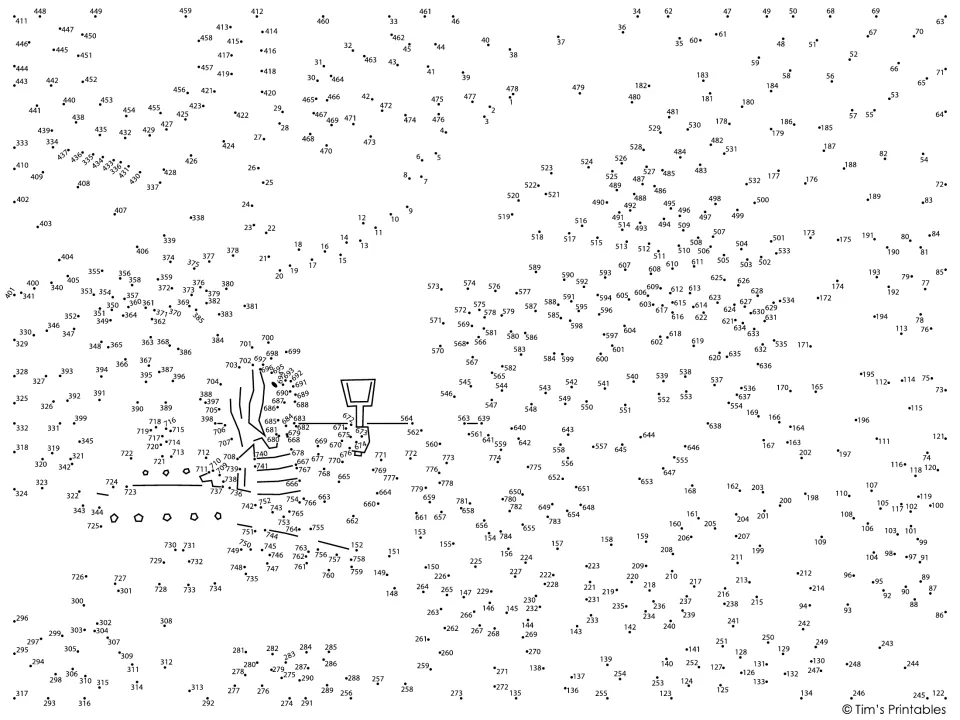 Numbered dot puzzle to about 780: students connect dots in order to reveal a beach scene; a girl and shovel are sketched