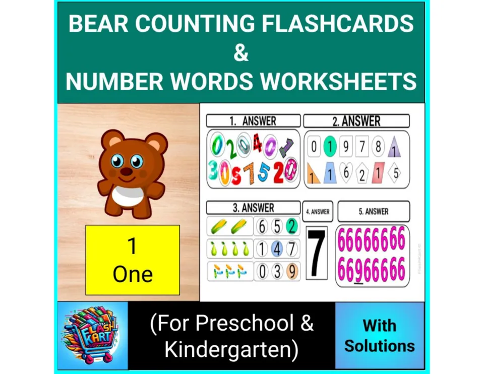 Cover for bear counting flashcards and number words worksheets: a bear card for 1 One beside five sample answer sheets