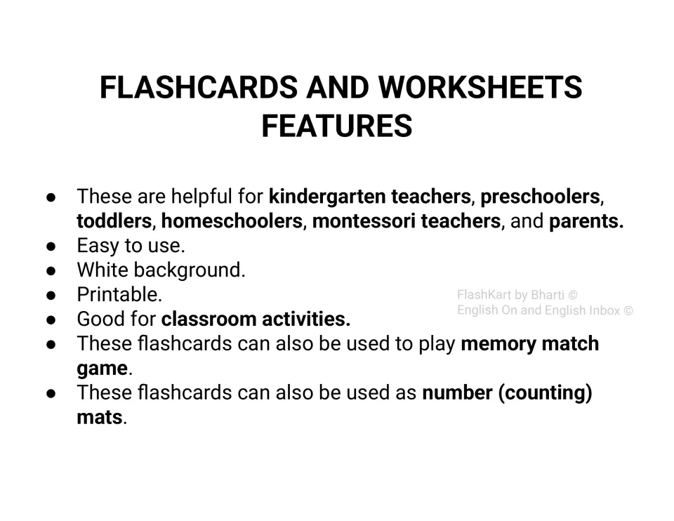 Features list for the flashcards and worksheets: printable, white background, usable as memory match or counting mats
