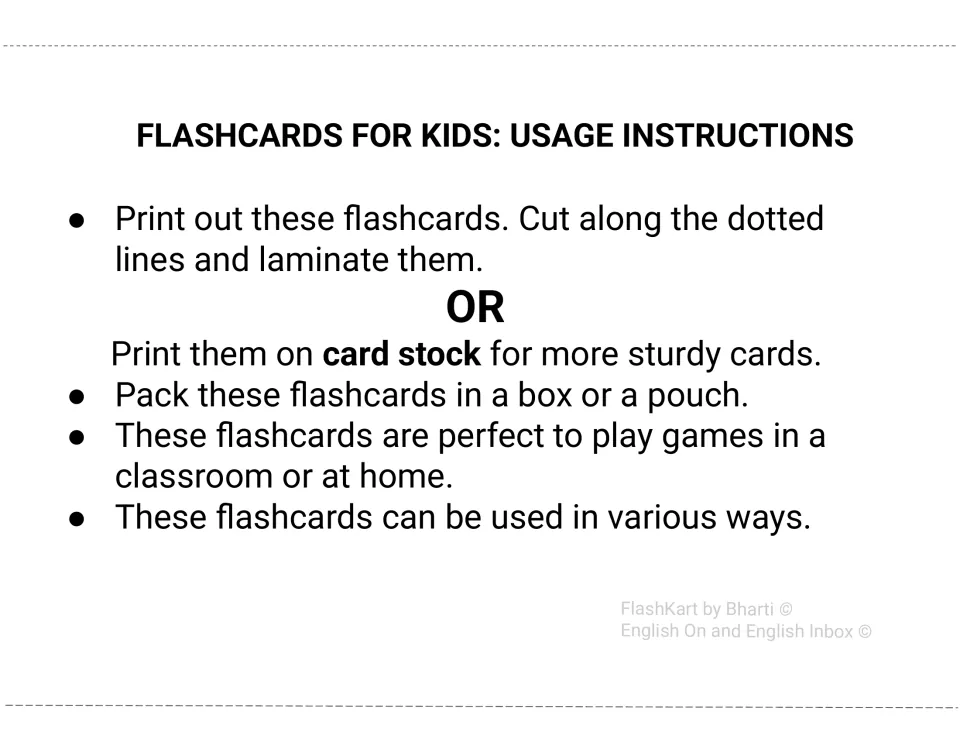 Flashcard usage instructions: print, cut on dotted lines and laminate or use card stock, then store in a box or pouch