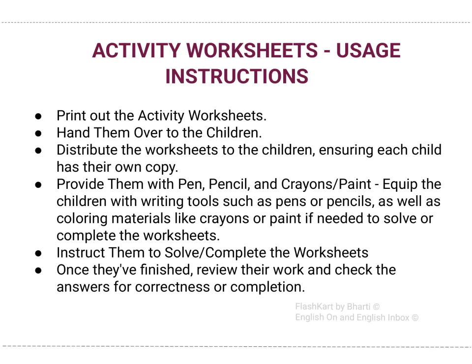 Activity worksheet usage instructions: give each child a copy, pencils and crayons or paint, then check their answers