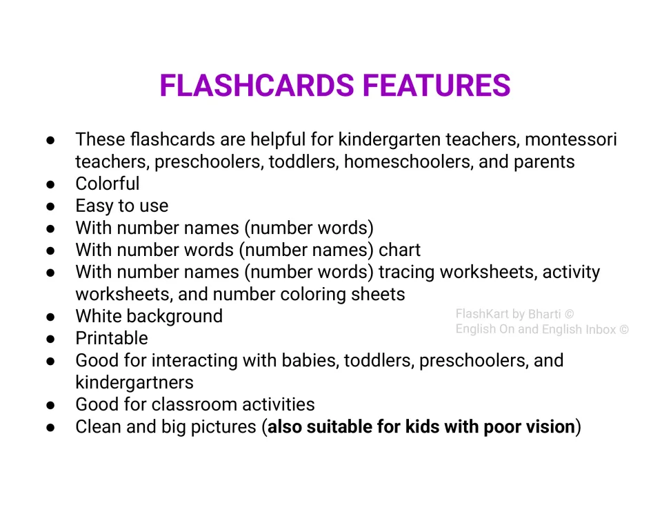 Flashcard features list: cards with number names, a number words chart, tracing and activity worksheets, coloring sheets