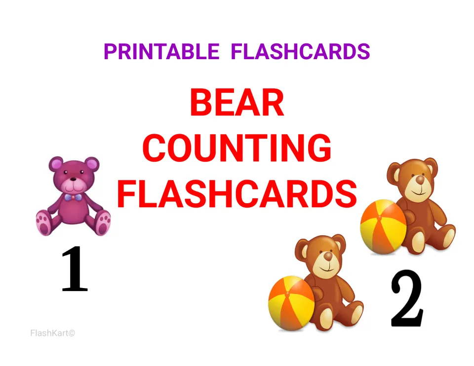 Section title for printable bear counting flashcards: one pink teddy bear by the numeral 1 and two brown bears by 2