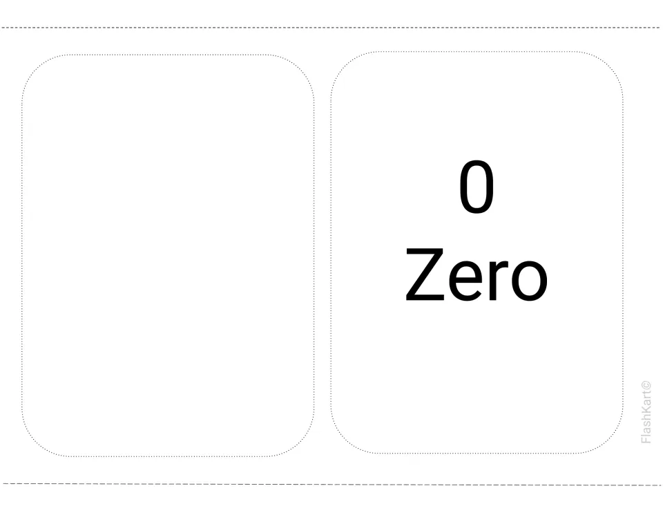 Counting flashcard for zero: a blank card with no bears beside a card showing the numeral 0 and the number word Zero