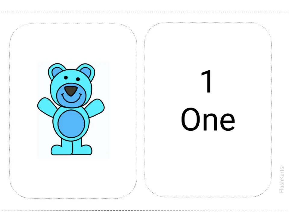 Counting flashcard for one: a card with one blue bear beside a card showing the numeral 1 and the number word One