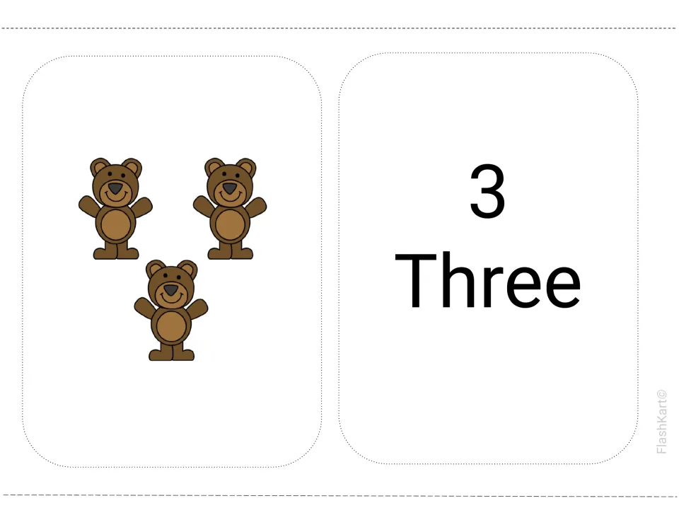 Counting flashcard for three: a card with three brown bears beside a card showing the numeral 3 and the number word Three