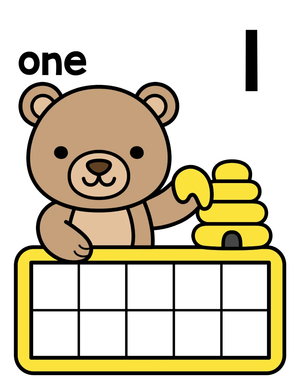 Number one counting mat: word one and numeral 1 over a bear and beehive; students fill 1 ten-frame space