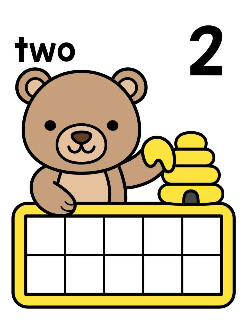 Number two mat showing the word two and numeral 2 with a bear at a beehive; students place 2 counters in the ten frame