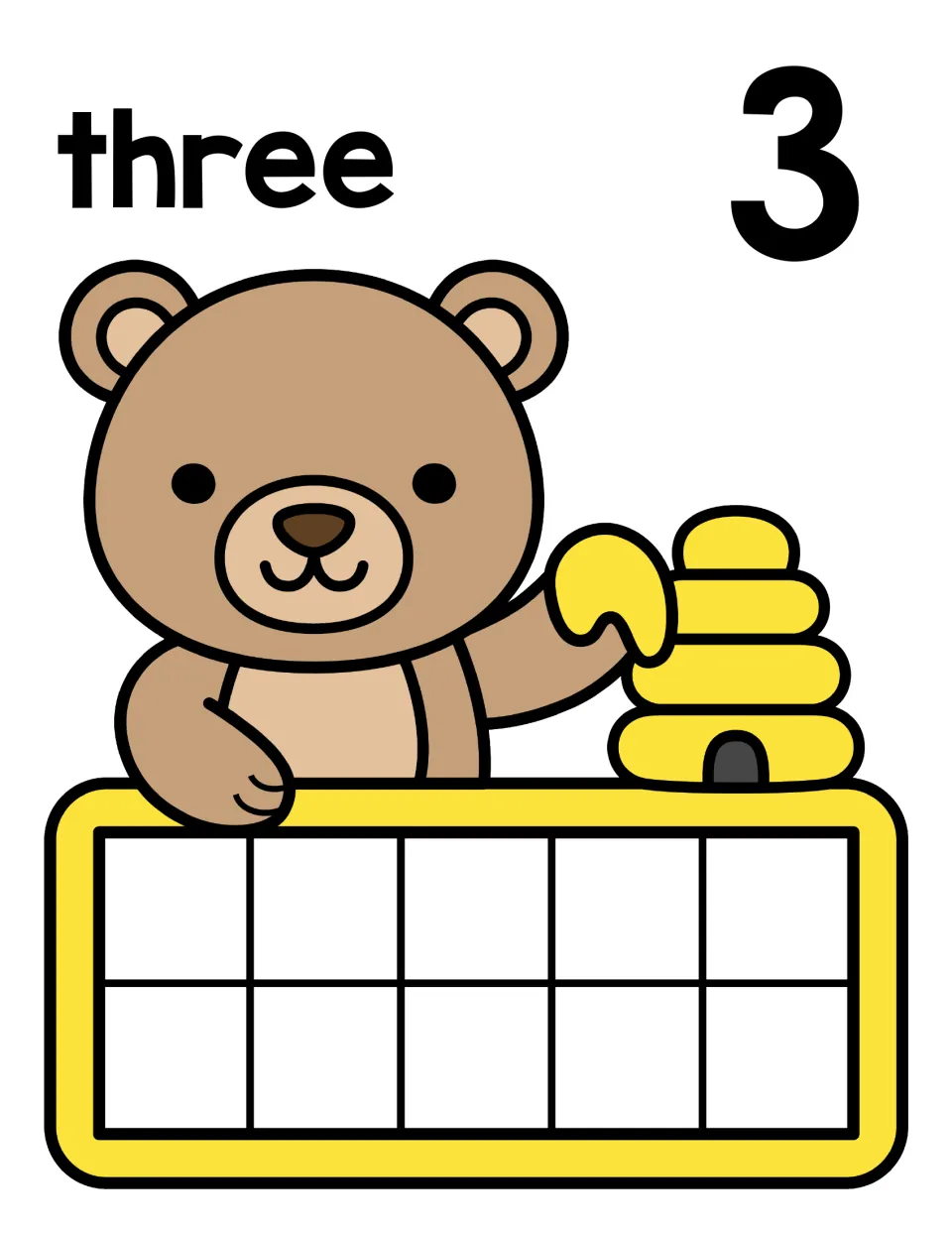 Three mat: the word three and numeral 3 above a honey bear; students count 3 objects onto the ten frame