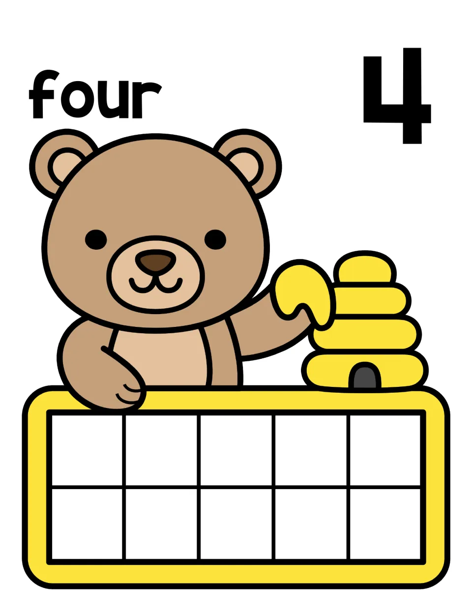 Number four mat with the word four and numeral 4 beside a bear and beehive; students fill 4 ten-frame spaces