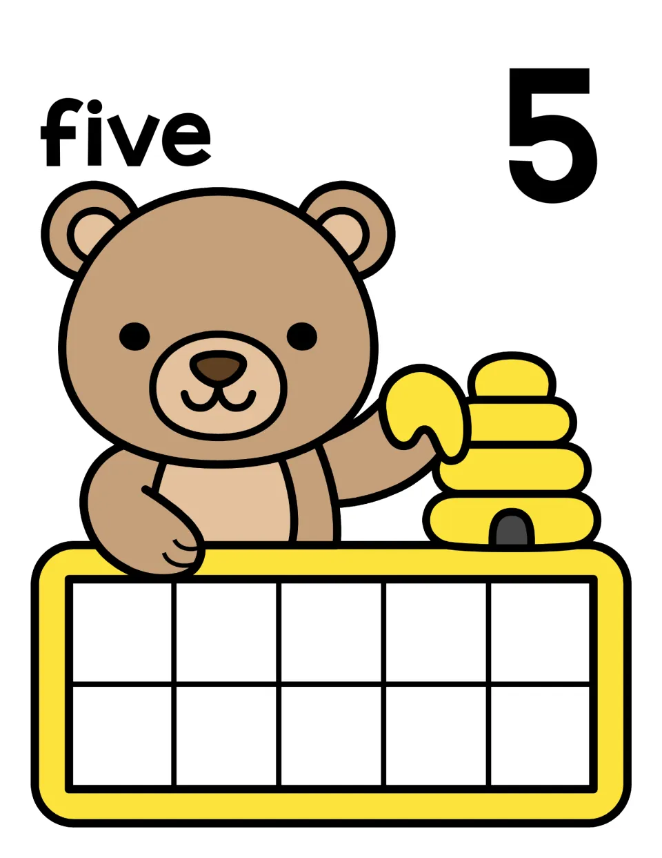 Five mat: the word five and numeral 5 with a bear by its hive; students count 5 counters onto the ten frame