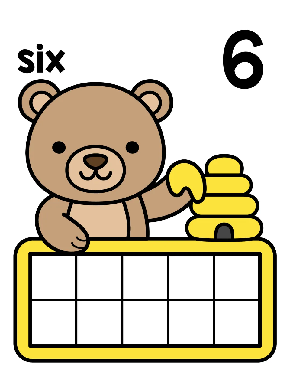 Number six mat pairing the word six and numeral 6 with a bear at a hive; students count out 6 counters on the ten frame