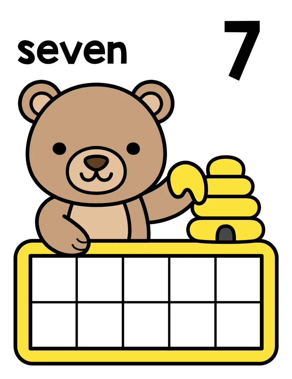 Seven mat with the word seven and numeral 7 over a bear and beehive; students build 7 by filling seven ten-frame spaces