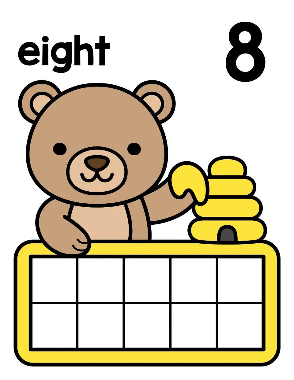Number eight mat: the word eight and numeral 8 above a bear dipping into honey; students place 8 counters in the ten frame