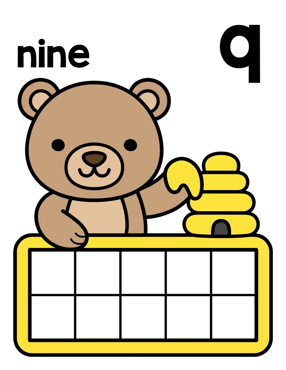 Nine mat showing the word nine and numeral 9 with a bear at its hive; students fill 9 of the 10 ten-frame spaces