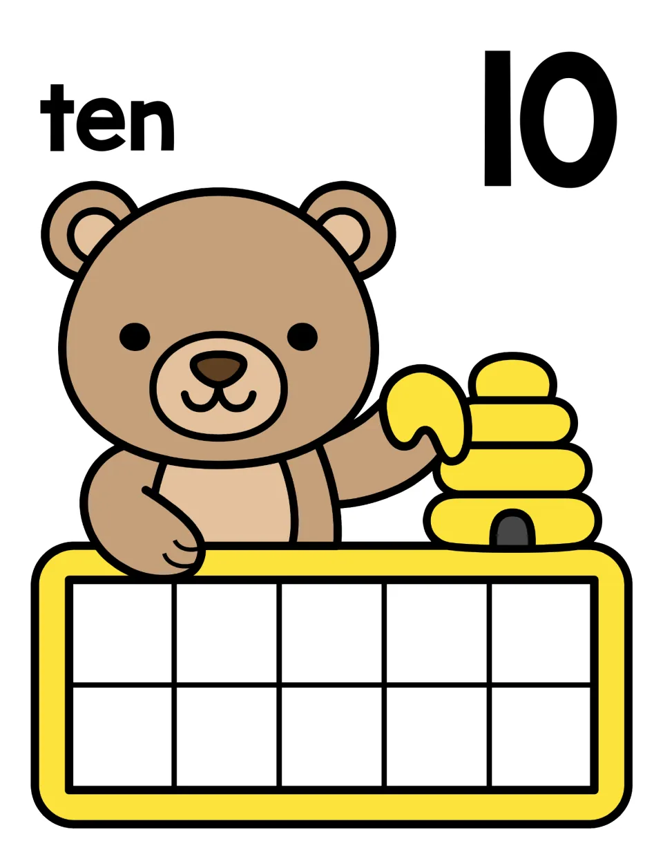 Ten mat with the word ten and numeral 10 beside a bear and beehive; students fill every space of the ten frame to make 10
