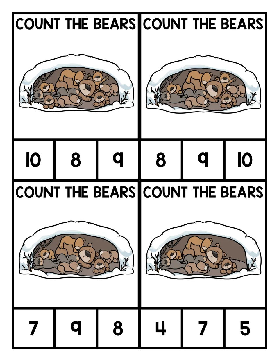 Count the Bears: students count large groups of sleeping bears in a snowy den and clip the matching numeral from 4 to 10