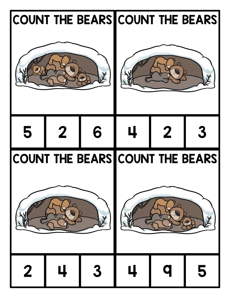 Count the Bears cards with smaller groups of sleeping bears in a den; students count each set and clip a numeral from 2 to 9