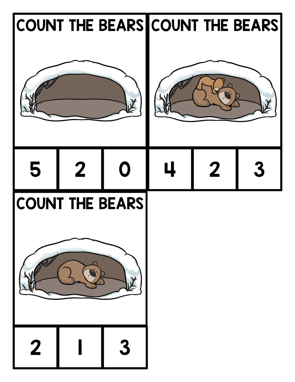 Count the Bears cards with an empty den, two bears and one bear; students count and clip the matching number