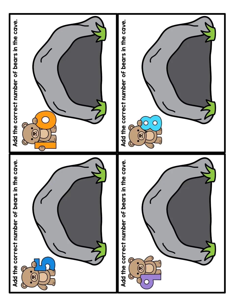 Counting bears into a cave: four cards with a bear holding 10, 8, 5 or 6; students add that many bears to each cave