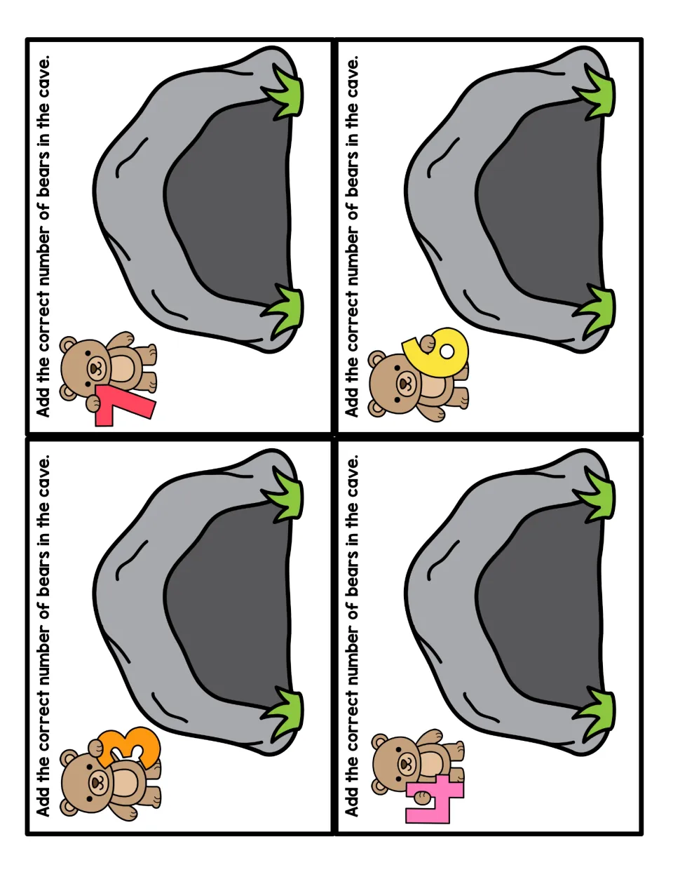 Counting cards for 7, 9, 3 and 4: a bear holds each numeral and students put that number of bears in the cave pictured