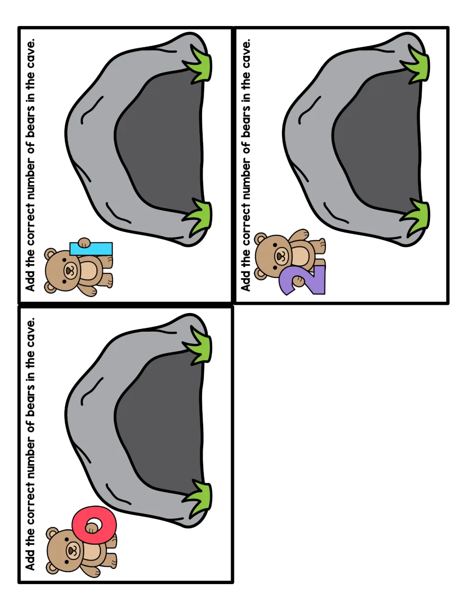 Cave counting cards for 1, 2 and 0: students read the numeral a bear holds and add that many bears, or none, to the cave