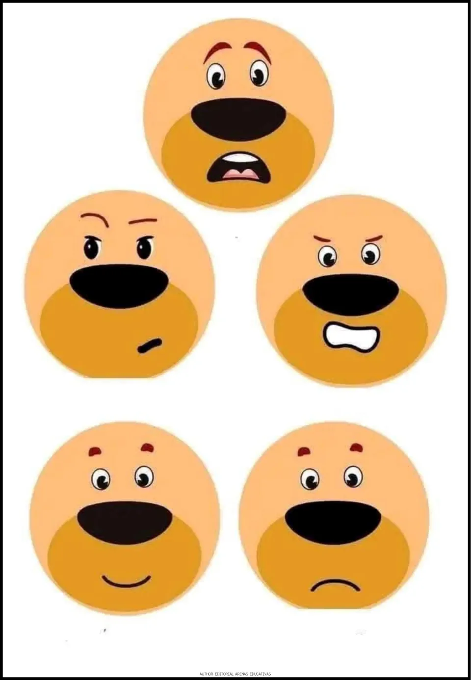 Second bear emotions sheet with five faces showing fear, a raised eyebrow, clenched teeth, a smile, and a frown