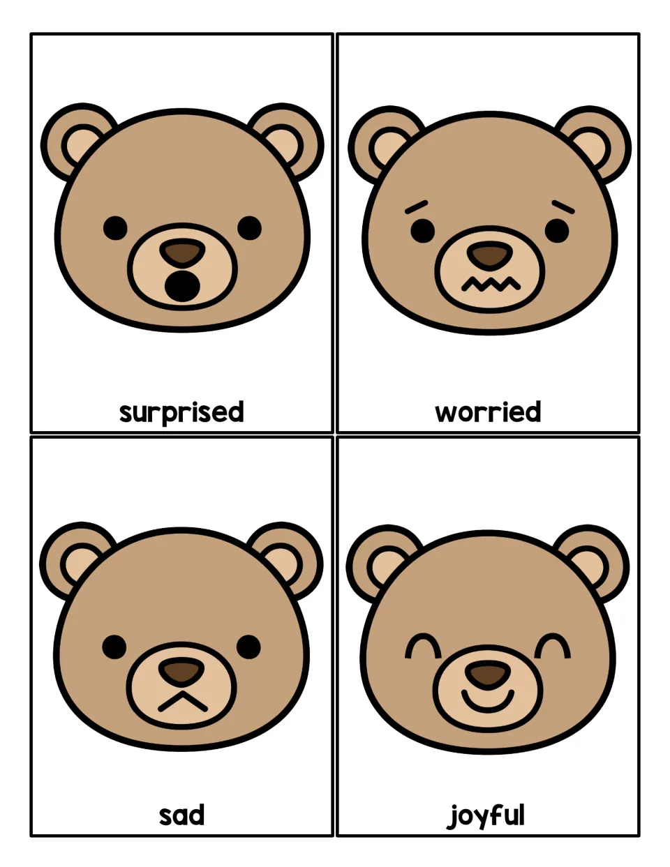 Bear emotion cards: four bear faces labeled surprised, worried, sad and joyful for naming and recognizing feelings