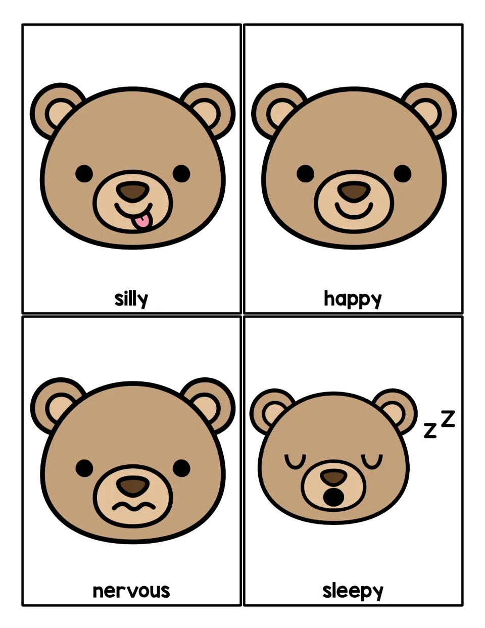Feelings word cards: bear faces labeled silly (tongue out), happy, nervous and sleepy (zzz) for naming emotions