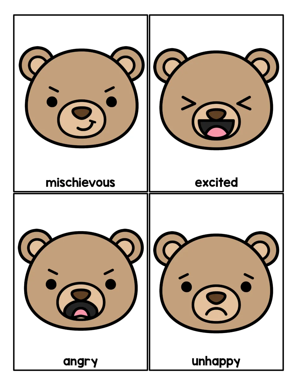 Emotion word cards: bears looking mischievous, excited, angry and unhappy, labeled to build feelings vocabulary