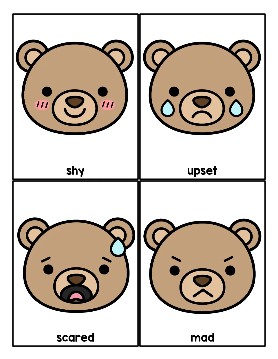 Reading facial clues: bear cards for shy (pink cheeks), upset (tears), scared (sweat drop) and mad, each labeled
