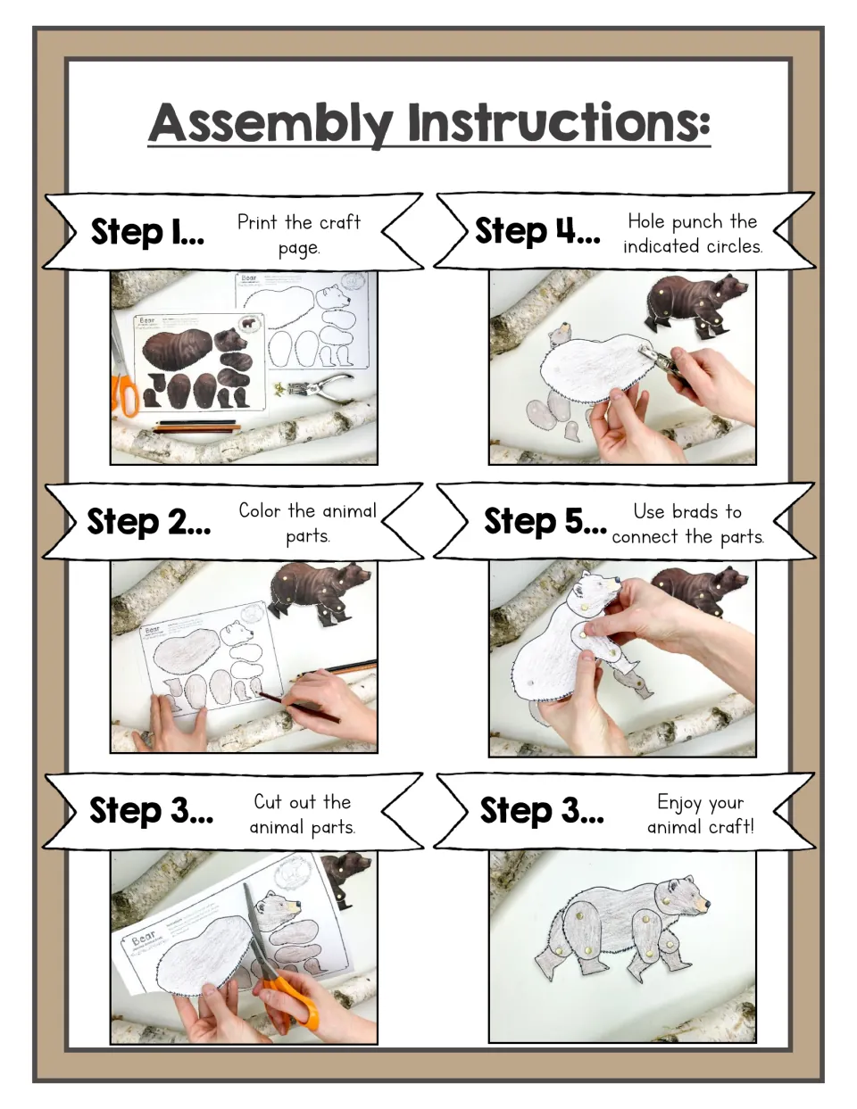 Bear craft assembly instructions: print, color, cut out parts, punch marked circles, and connect with brads