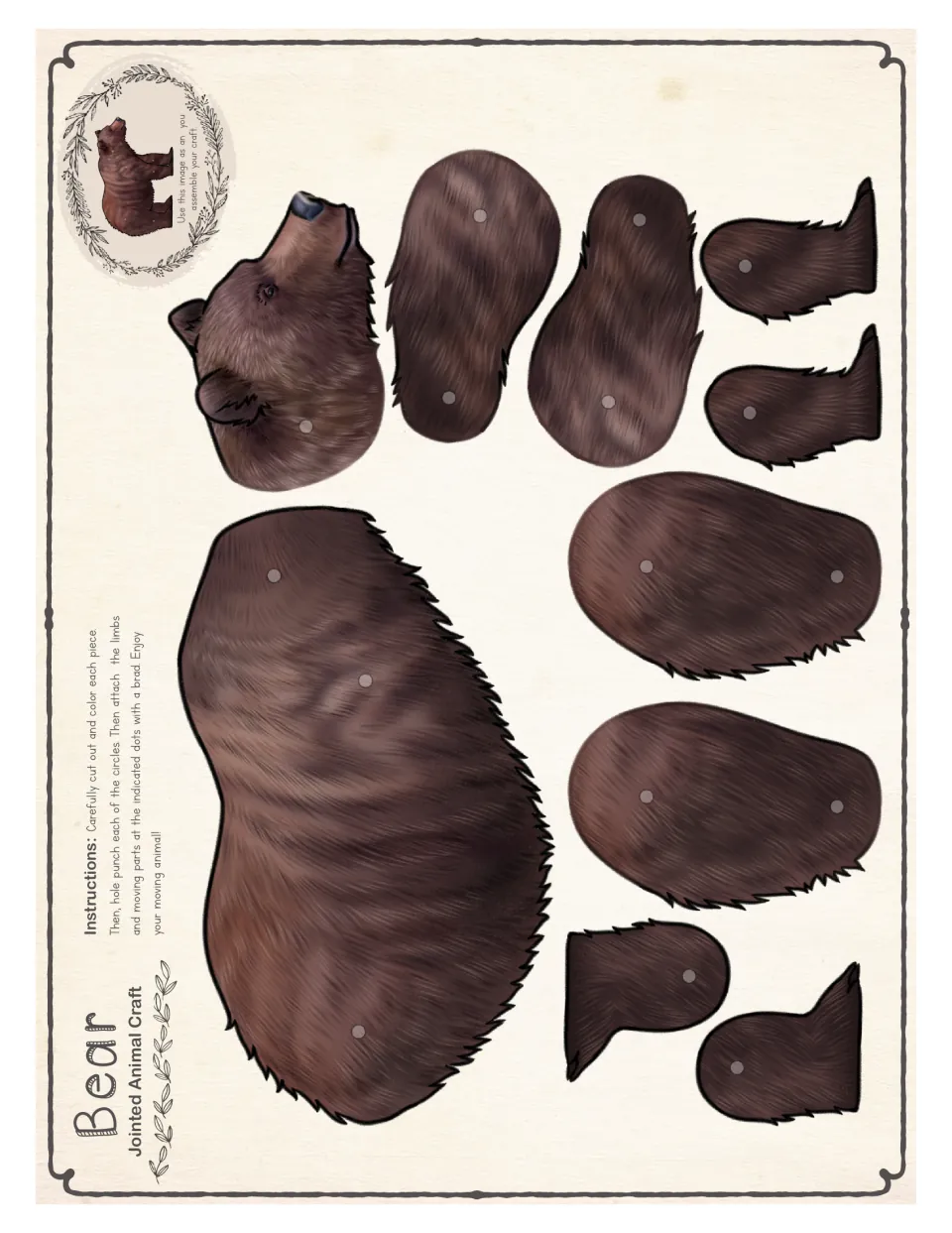 Color template for one four-leg bear craft, with a body, head, eight leg pieces, and marked brad holes